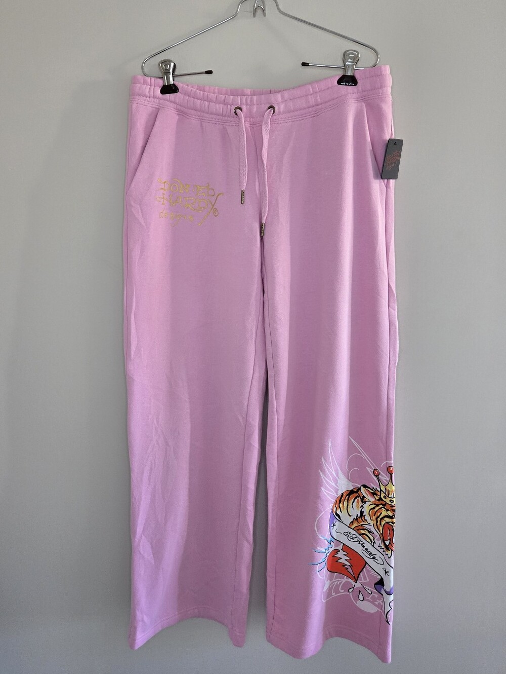 Ed Hardy light pink tattoo logo, tiger graphic wide leg sweatpants, large + NWT